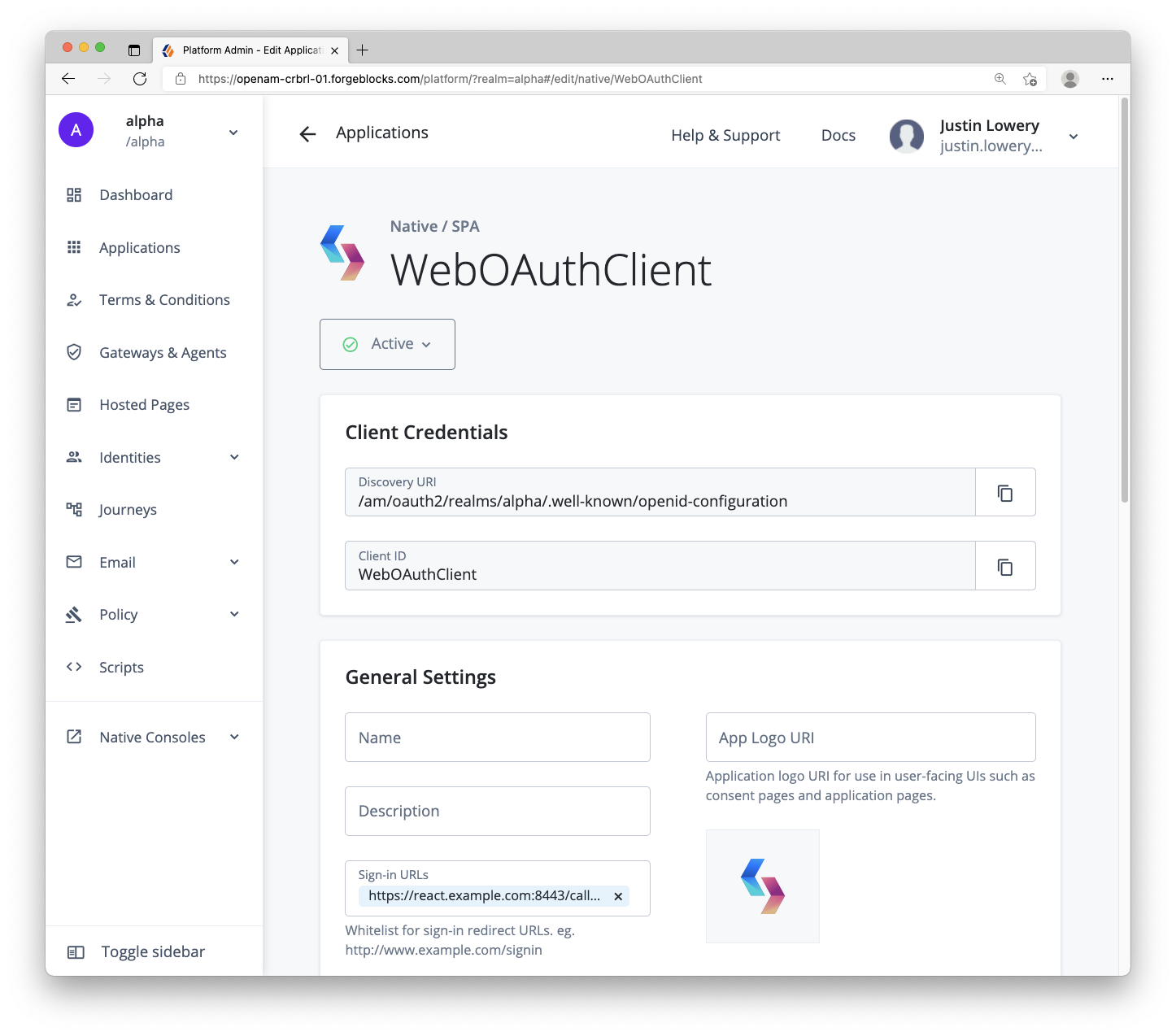 Example OAuth client from ForgeRock ID Cloud