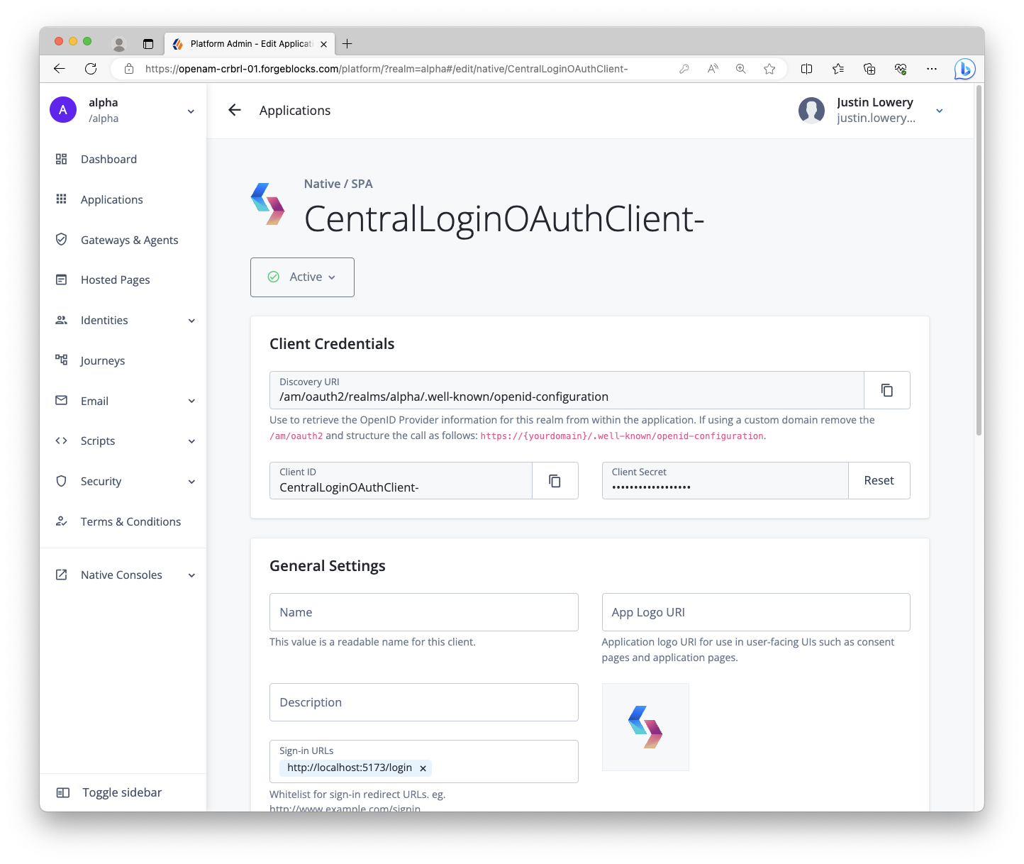 Example OAuth client from ForgeRock ID Cloud