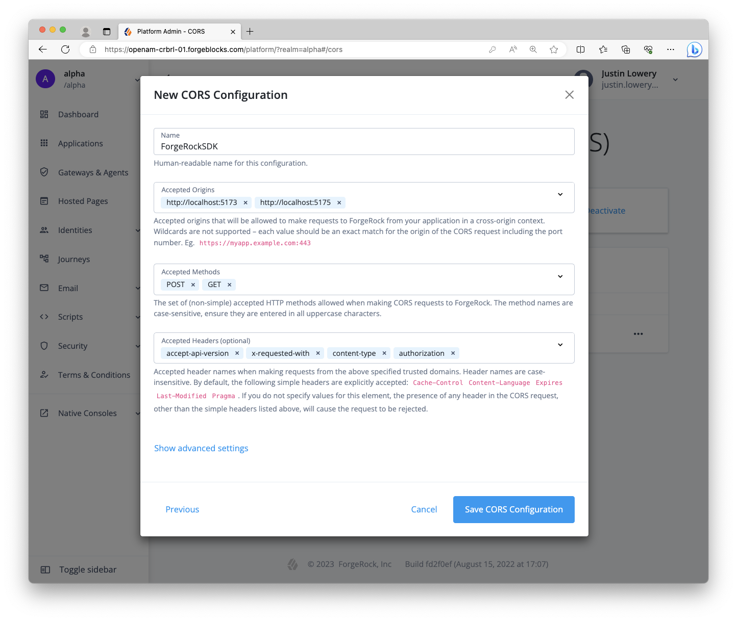 Example CORS from ForgeRock ID Cloud